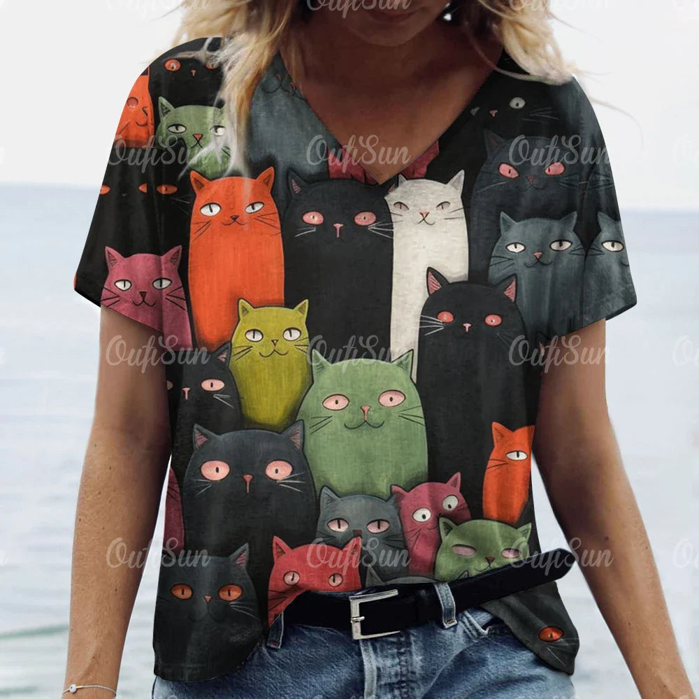 Summer Women’s Cat Print T-Shirt – Casual 3D Short Sleeve Crew Neck Pullover, Oversized Streetwear