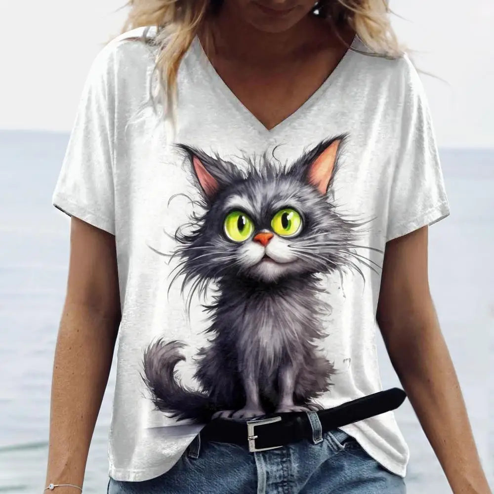 Summer Women’s Cat Print T-Shirt – Casual 3D Short Sleeve Crew Neck Pullover, Oversized Streetwear