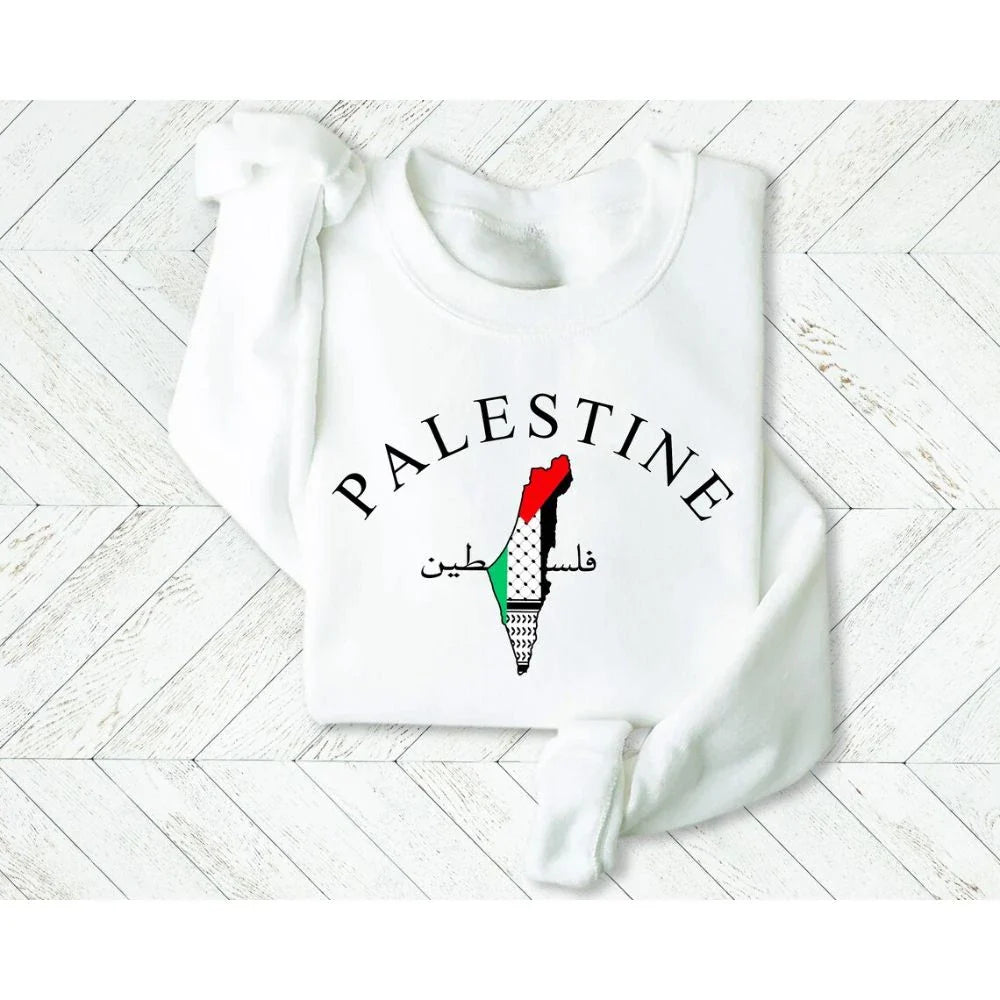 Palestine Map Sweatshirt – Palestinian Arabic Name Print Crewneck Pullover for Adults