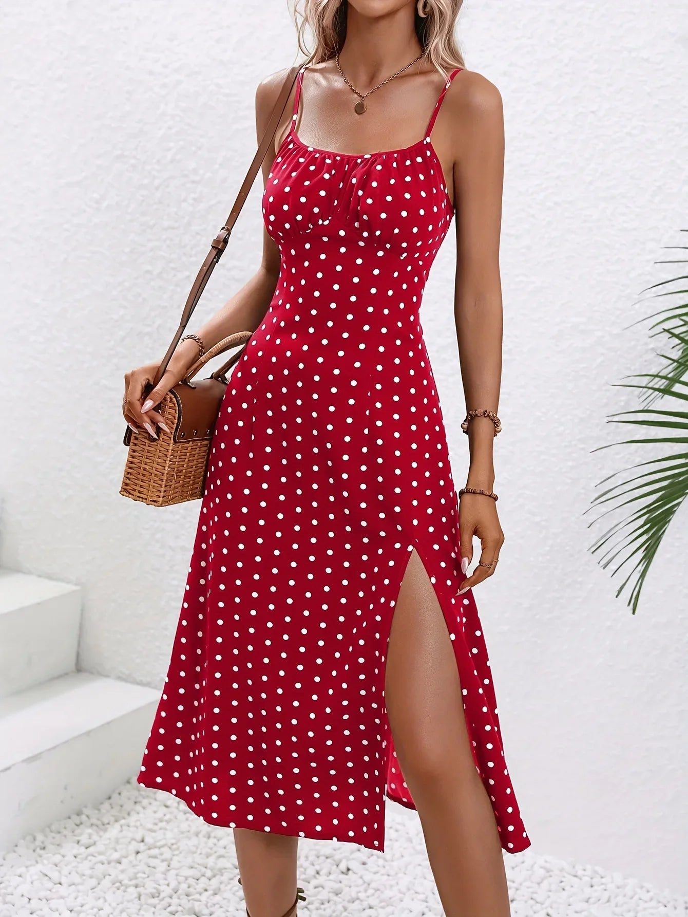 Women's Polka Dot Spaghetti Strap Summer Dress – Sleeveless Slit Midi Dress | Boho Casual Beachwear