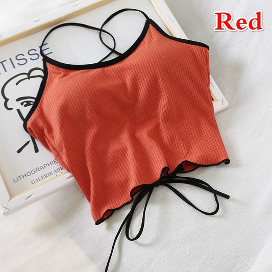 Sexy Slim Fit Open Back Crop Top – Solid Color Women’s Camisole with Chest Cushion Strap