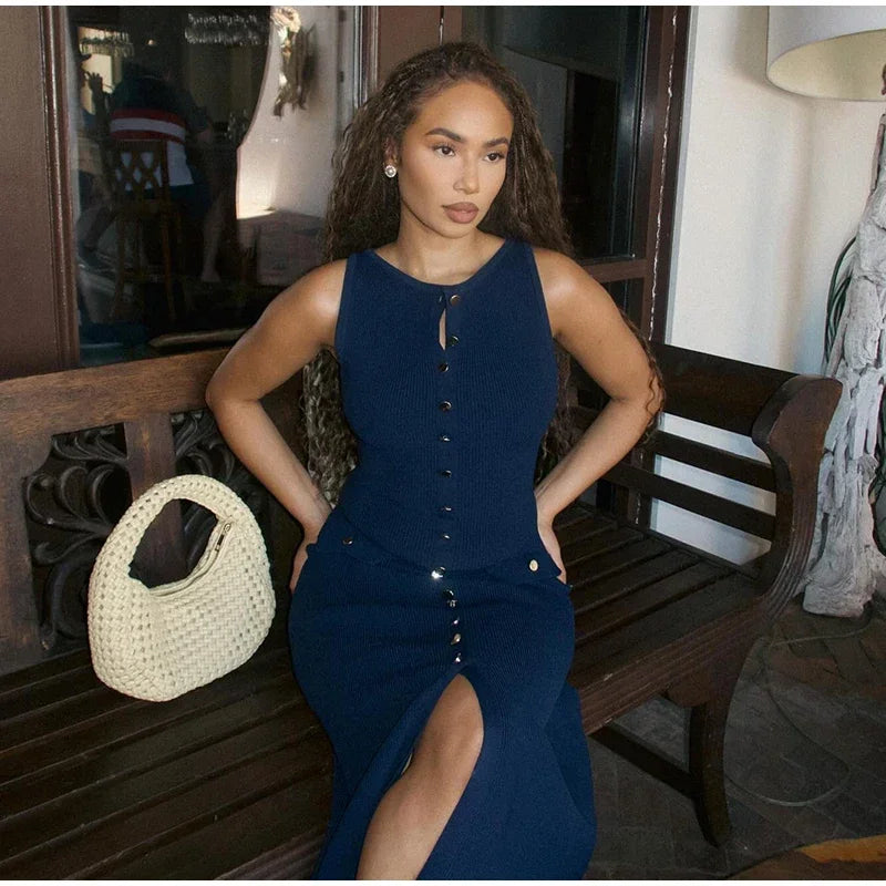 Summer Elegant Lady Knitted Single Breasted Long Dress – Sleeveless O Neck Button Bodycon Party Dress for Women | Vestidos