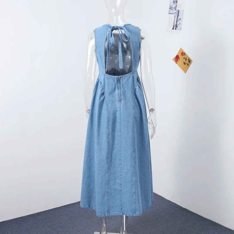 Women's Sleeveless Backless Denim Dress – Casual Round Neck, Lace-Up, High Waist, Zipper Closure | Sexy Summer High Street Style
