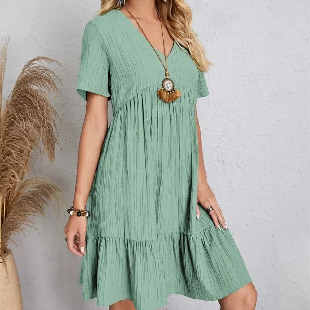 Women’s Summer Peplum Dress – Spring V-Neck Short Sleeve Loose Waist Ruffle Fit & Flare Vacation Dress