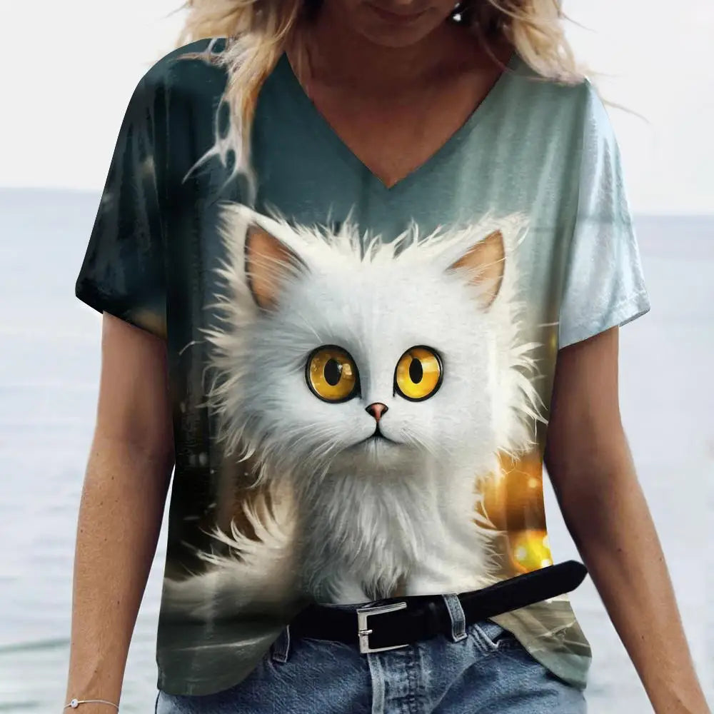 Summer Women’s Cat Print T-Shirt – Casual 3D Short Sleeve Crew Neck Pullover, Oversized Streetwear