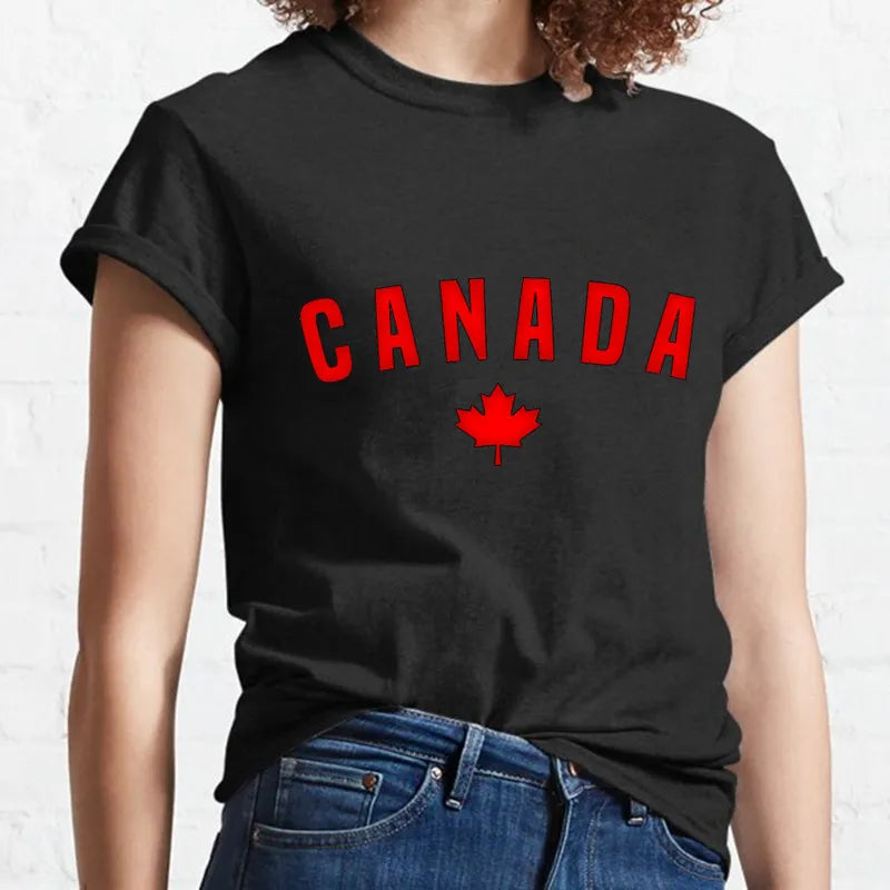 Love Canada T-Shirt – Maple Leaf Graphic & Letter Design, Black Casual Short Sleeve Tee for Women (Harajuku Style)