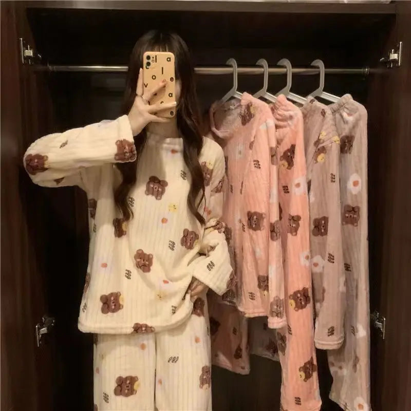 Women Velvet Pajama Set Fleecing Warm Loose Top And Elastic Waist Pants Home Casual Warm Woolen Suit Women 2023 Autumn Winter