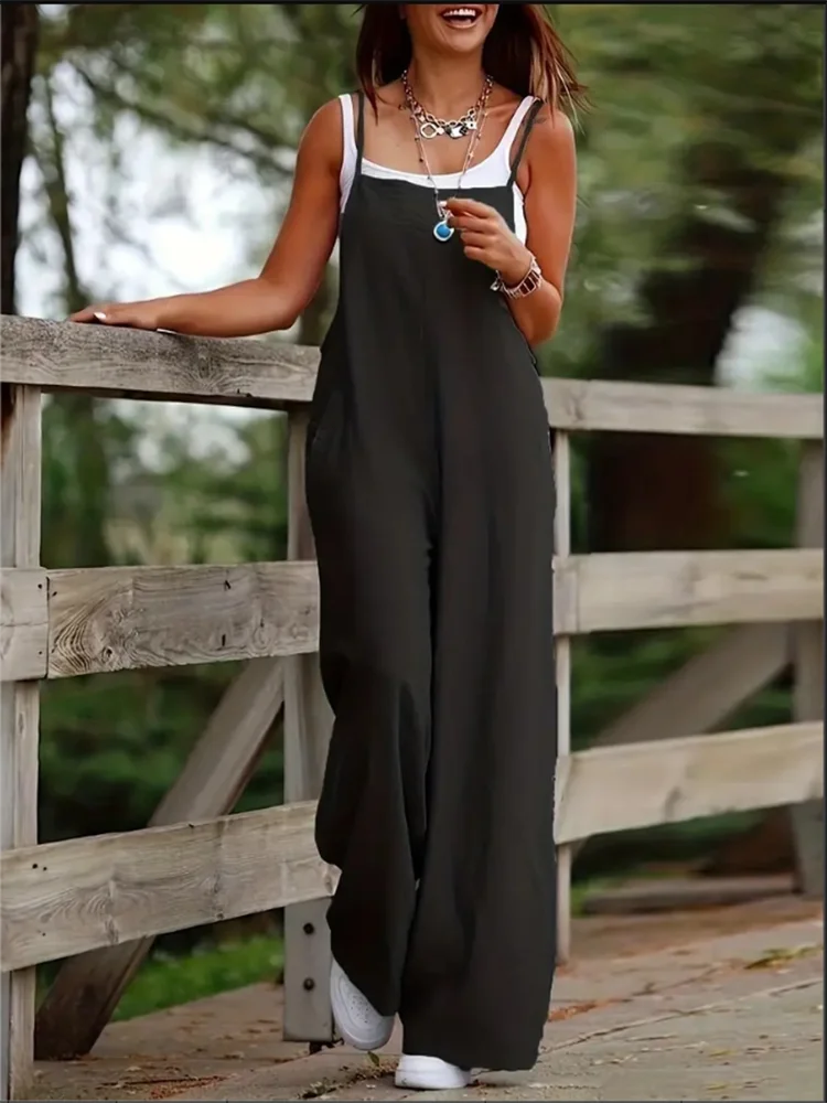 Women's Loose Casual Jumpsuit – Solid Color Summer Vest Overalls, Trendy Sleeveless Jumpsuit