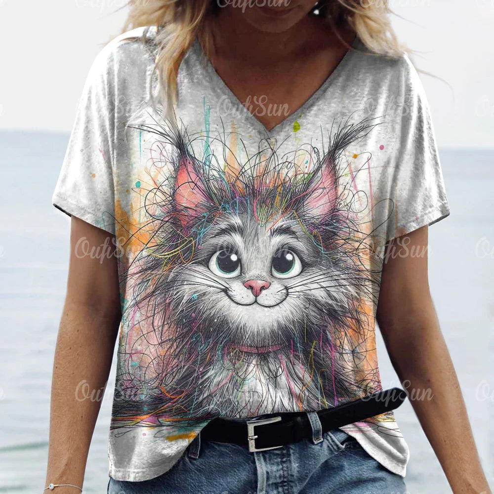 Summer Women’s Cat Print T-Shirt – Casual 3D Short Sleeve Crew Neck Pullover, Oversized Streetwear