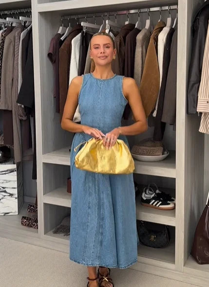 Women's Sleeveless Backless Denim Dress – Casual Round Neck, Lace-Up, High Waist, Zipper Closure | Sexy Summer High Street Style