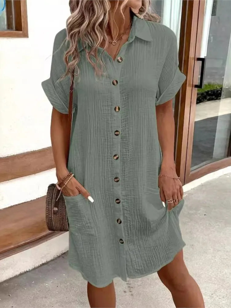 Summer Women’s V-Neck Button Dress – Sexy Single-Breasted Short Sleeve with Pockets