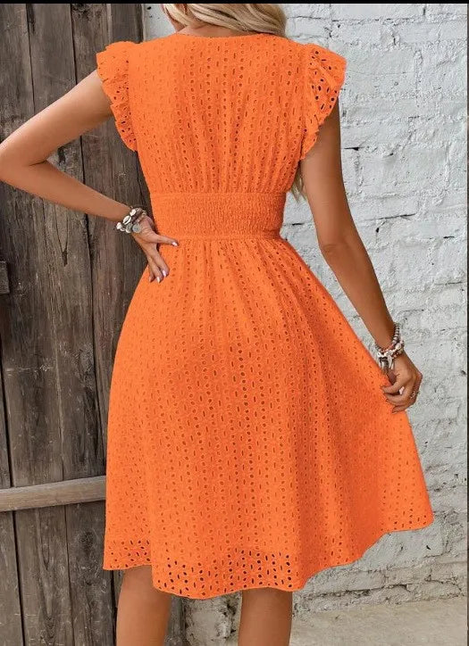 Multi-Colored Summer Dress for Women – Fashionable Casual Commuting Dress with Lotus Leaf Sleeves & Elegant Temperament