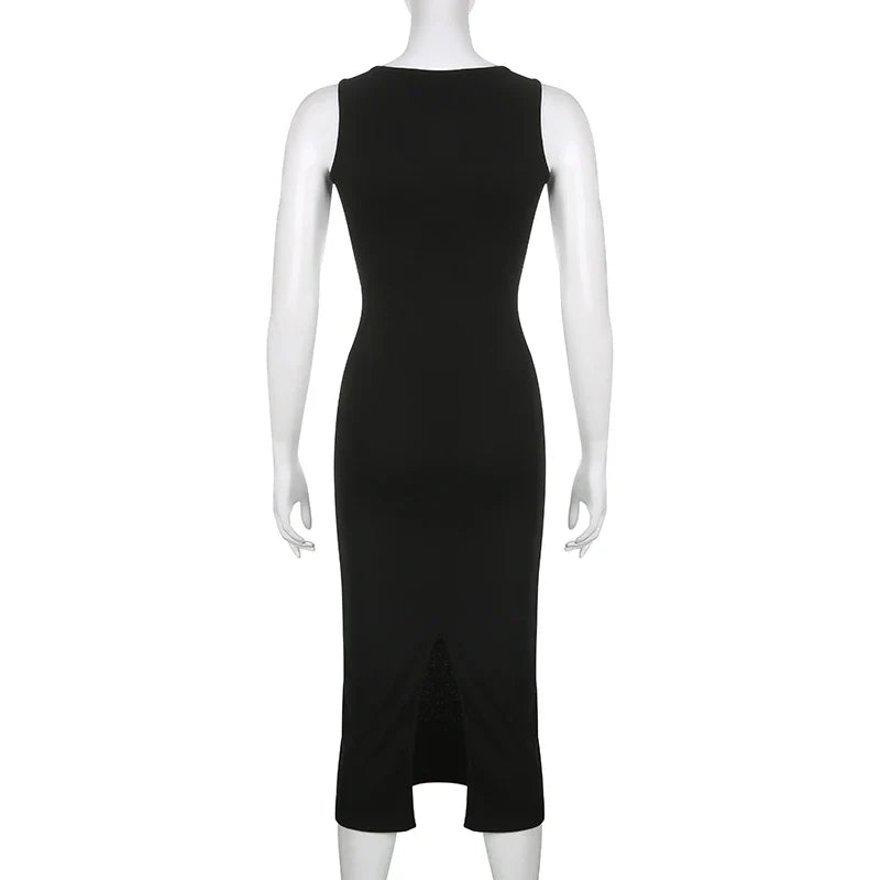 CIBBAR Basic Knit Long Dress – Korean Fashion Square Collar Sleeveless Women’s Casual Summer Y2K Vintage Outfit