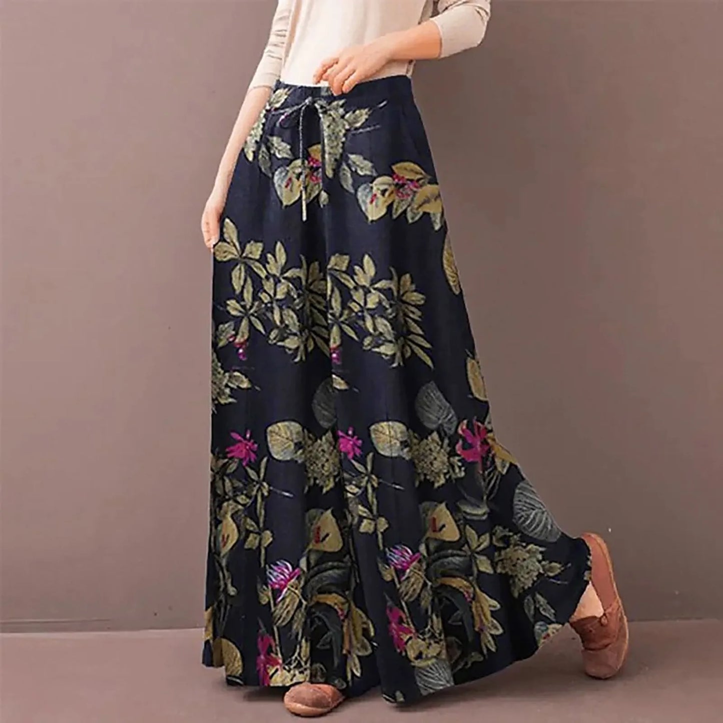 Women'S Casual Floral Printed Pants Belt Elastic Waist Wide Leg Pants Pocket Long Wide Leg Trousers Pantalones De Mujer 바지