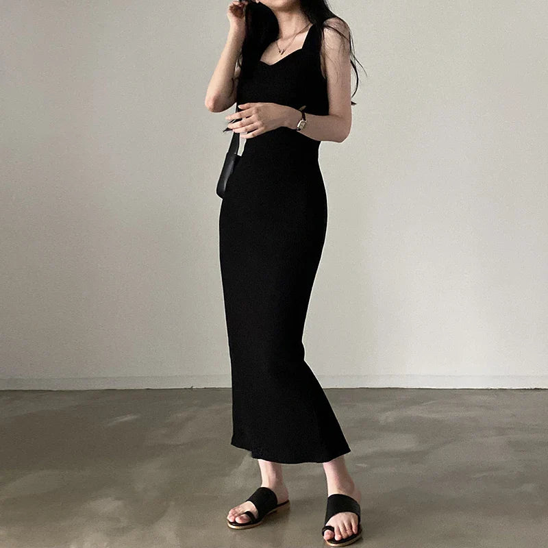 CIBBAR Basic Knit Long Dress – Korean Fashion Square Collar Sleeveless Women’s Casual Summer Y2K Vintage Outfit