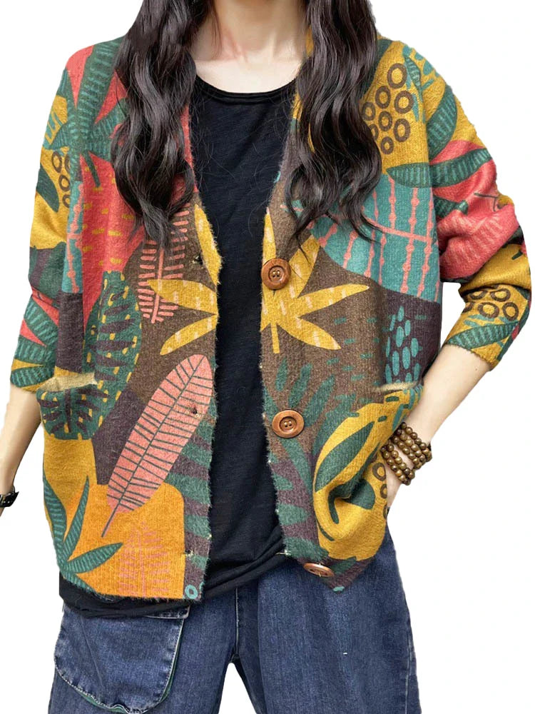 Winter Females Fashion Floral Knitwear Womens Warm Printed Loose Luxury Sweaters Ladies Leisure V Neck Plus Size Cardigans