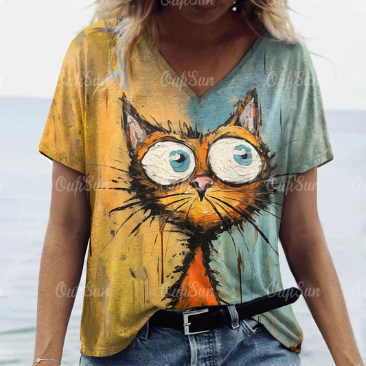 Summer Women’s Cat Print T-Shirt – Casual 3D Short Sleeve Crew Neck Pullover, Oversized Streetwear