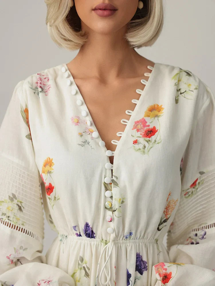 Sweet Floral Printed Backless Maxi Dress for Women – Lantern Sleeve, High Waist Long Robe | Summer Vacation Outfit