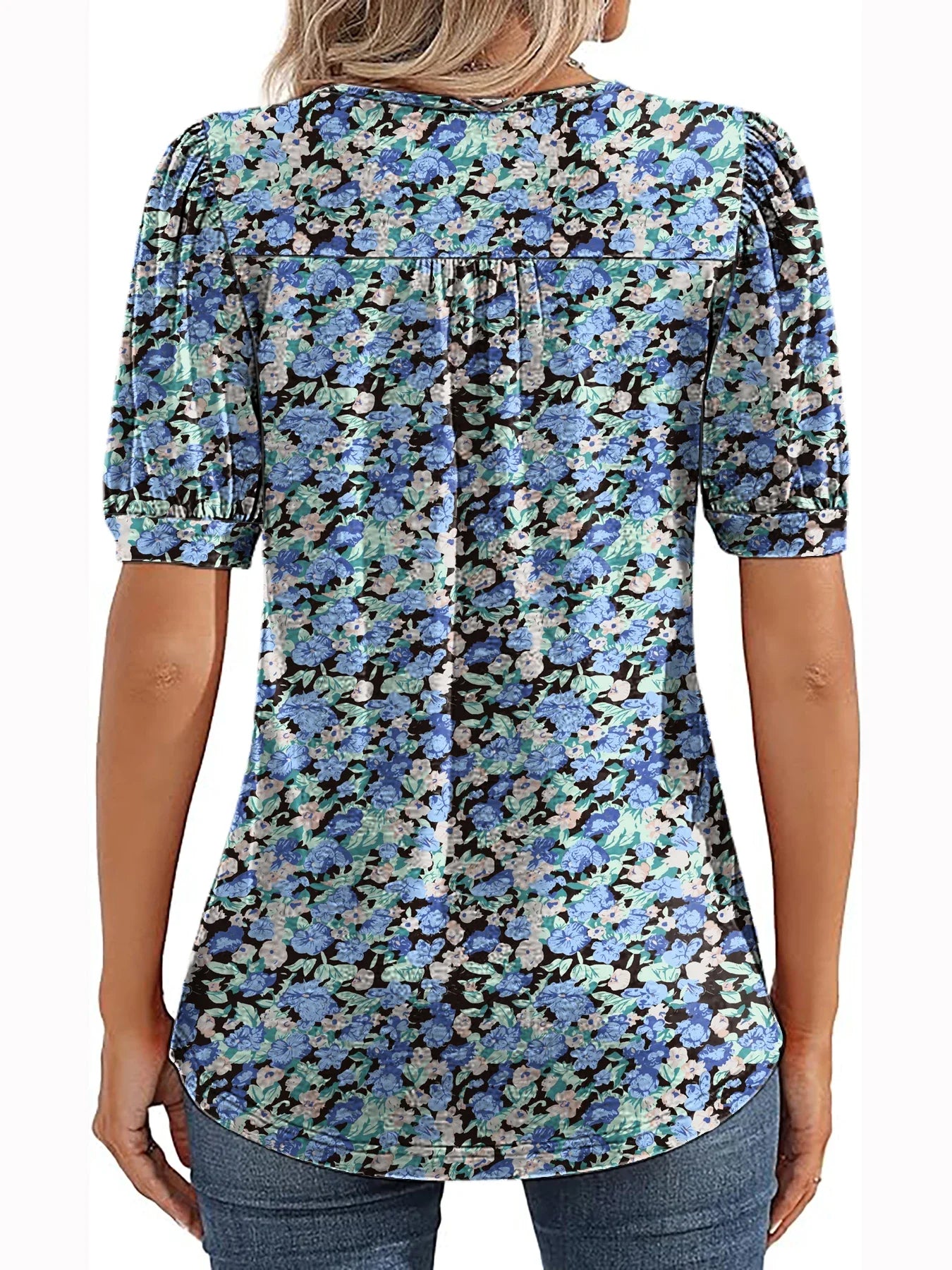 Women's V-Neck Tunic Top – Puff Pleated Short Sleeve Summer Blouse | Casual & Workwear Fashion Shirt