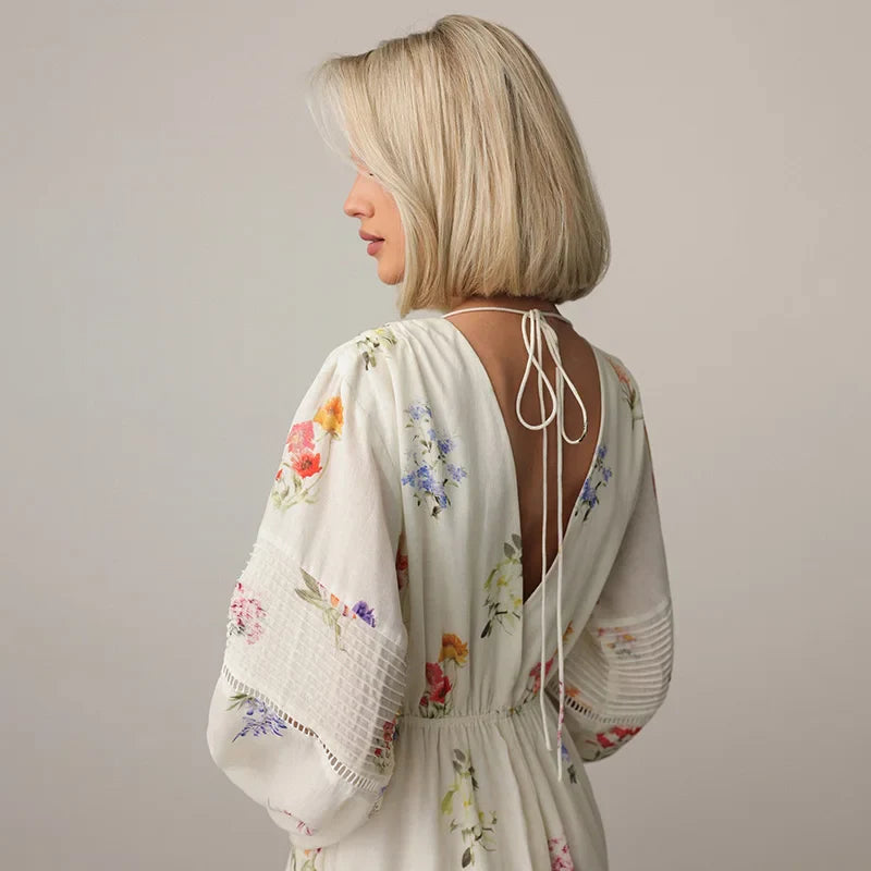Sweet Floral Printed Backless Maxi Dress for Women – Lantern Sleeve, High Waist Long Robe | Summer Vacation Outfit