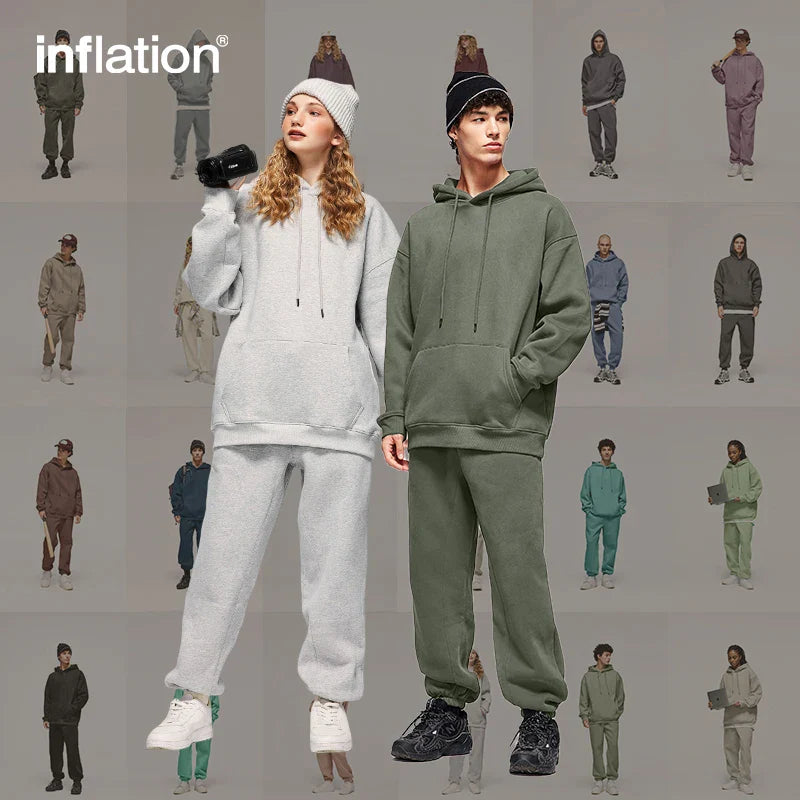 INFLATION 350gsm Thick Velvet Tracksuit – Unisex Solid Color Jogging Suit | 2023 Trendy Matching Fleece Sweatpants & Hoodie Set