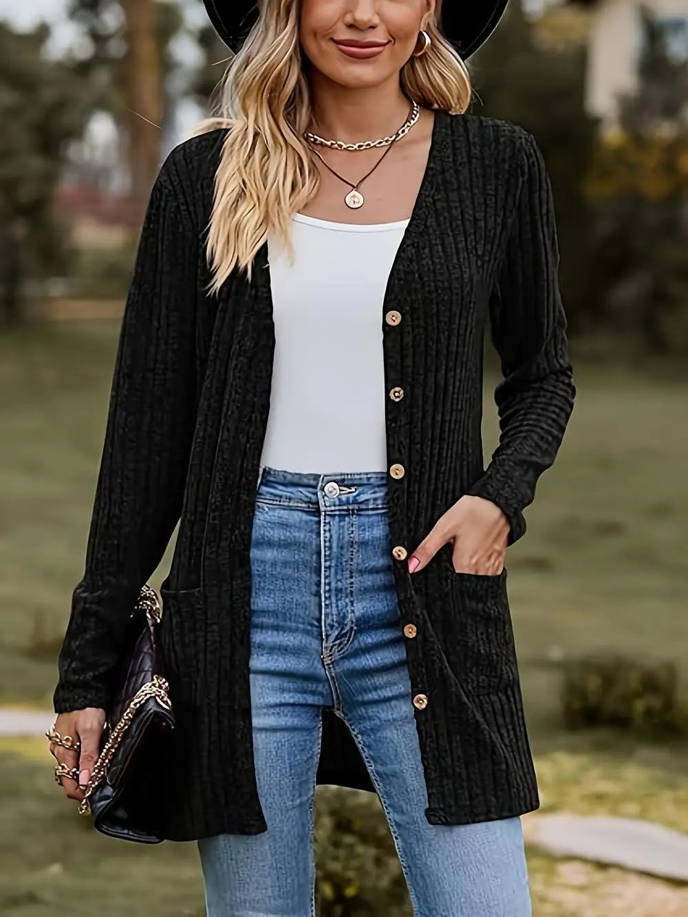 Solid Button Up Pocket Cardigan, Casual Long Sleeve Sweater For Spring & Fall, Women's Clothing