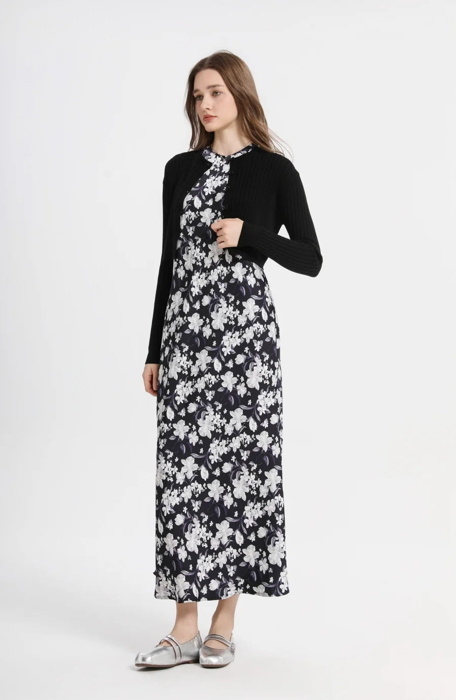 Spring Summer Women’s Elegant Satin Maxi Dress with Knitted Top | 2-Piece Floor-Length Outfit Set