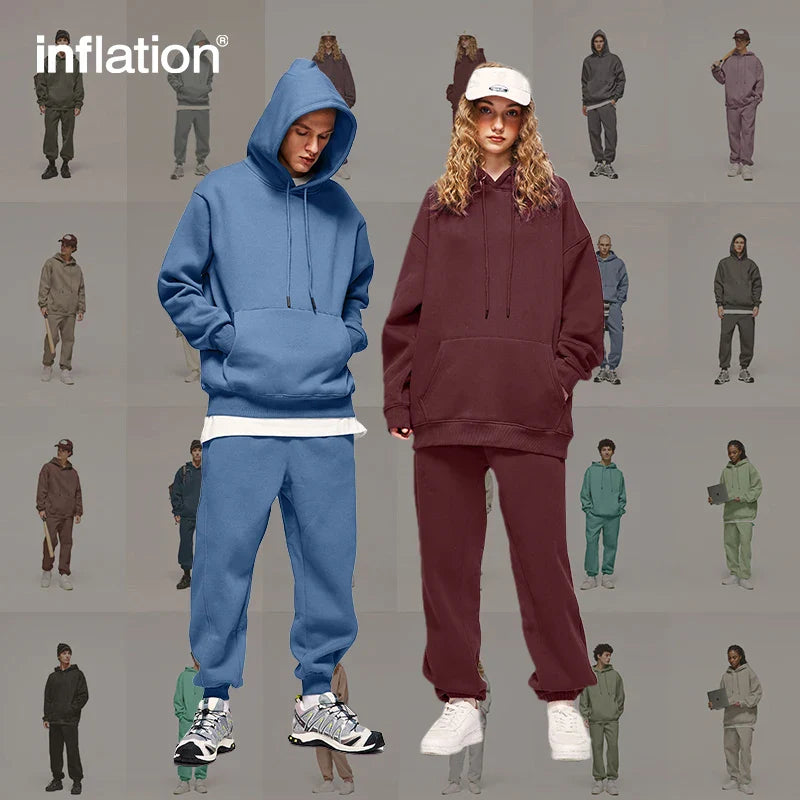 INFLATION 350gsm Thick Velvet Tracksuit – Unisex Solid Color Jogging Suit | 2023 Trendy Matching Fleece Sweatpants & Hoodie Set