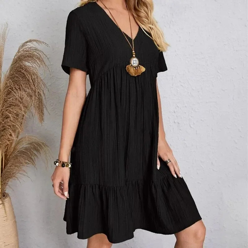 Women’s Summer Peplum Dress – Spring V-Neck Short Sleeve Loose Waist Ruffle Fit & Flare Vacation Dress