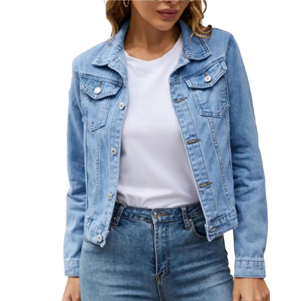 Women Denim Jacket Short Slim Korean Single Breasted Long Sleeve Coat Jean Cardigan Slim Solid Vintage Outwears High Street Chic
