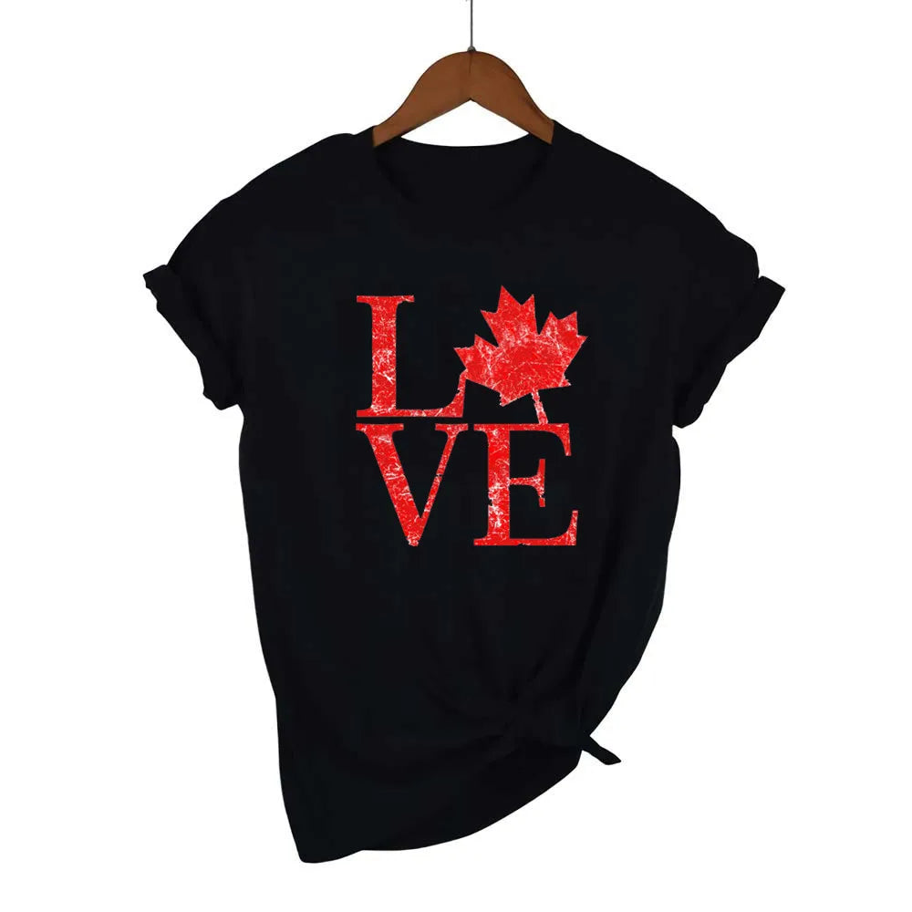 Love Canada T-Shirt – Maple Leaf Graphic & Letter Design, Black Casual Short Sleeve Tee for Women (Harajuku Style)