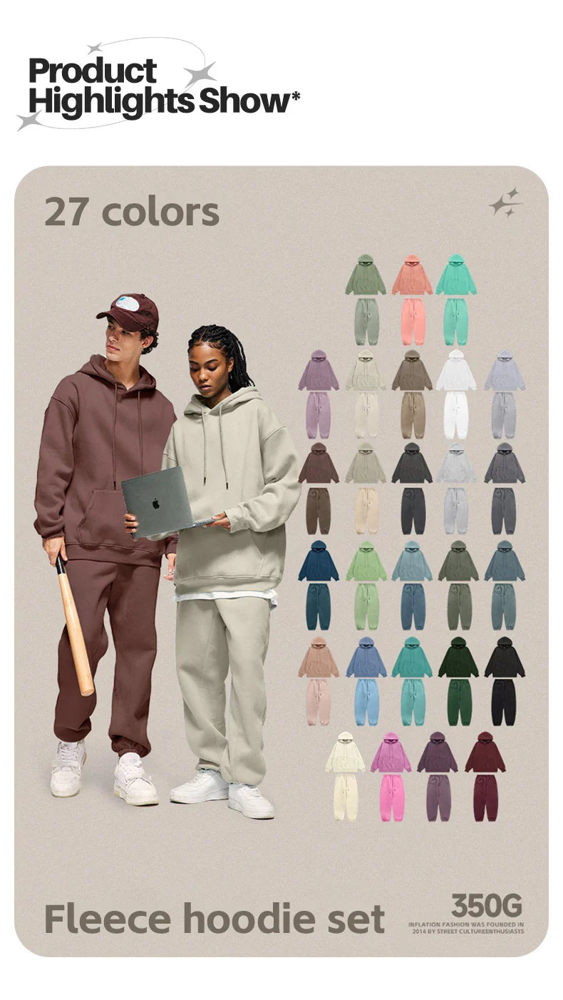 INFLATION 350gsm Thick Velvet Tracksuit – Unisex Solid Color Jogging Suit | 2023 Trendy Matching Fleece Sweatpants & Hoodie Set