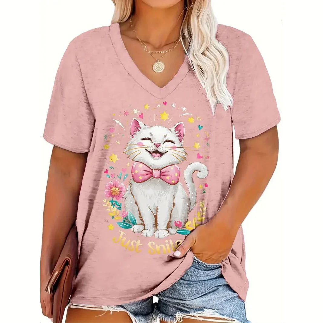 Summer Women’s Cat Print T-Shirt – Casual 3D Short Sleeve Crew Neck Pullover, Oversized Streetwear
