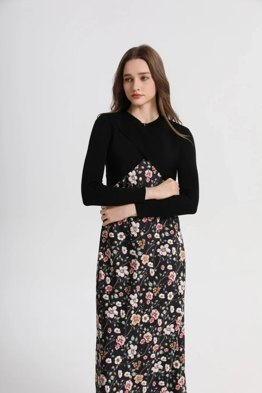 Spring Summer Women’s Elegant Satin Maxi Dress with Knitted Top | 2-Piece Floor-Length Outfit Set