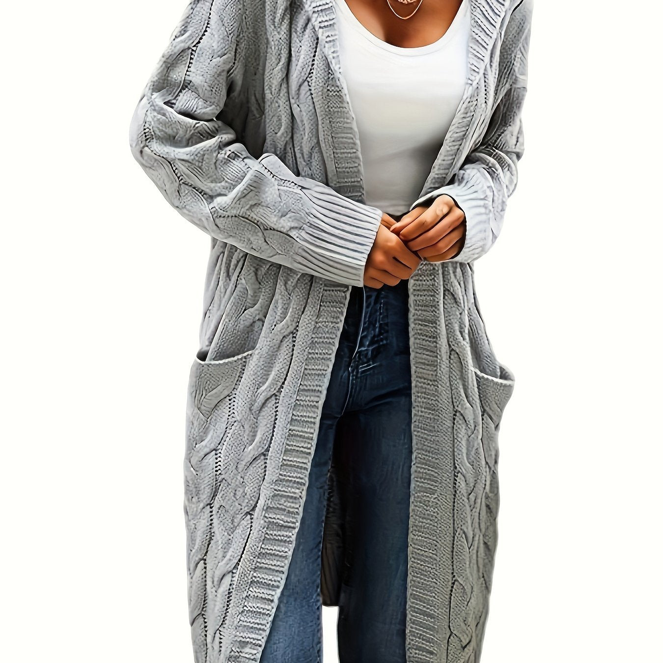 Chic Solid Cable Knit Hooded Cardigan - Cozy Long Sleeve with Practical Pockets, Mid-Length Womens Sweater for Casual Style