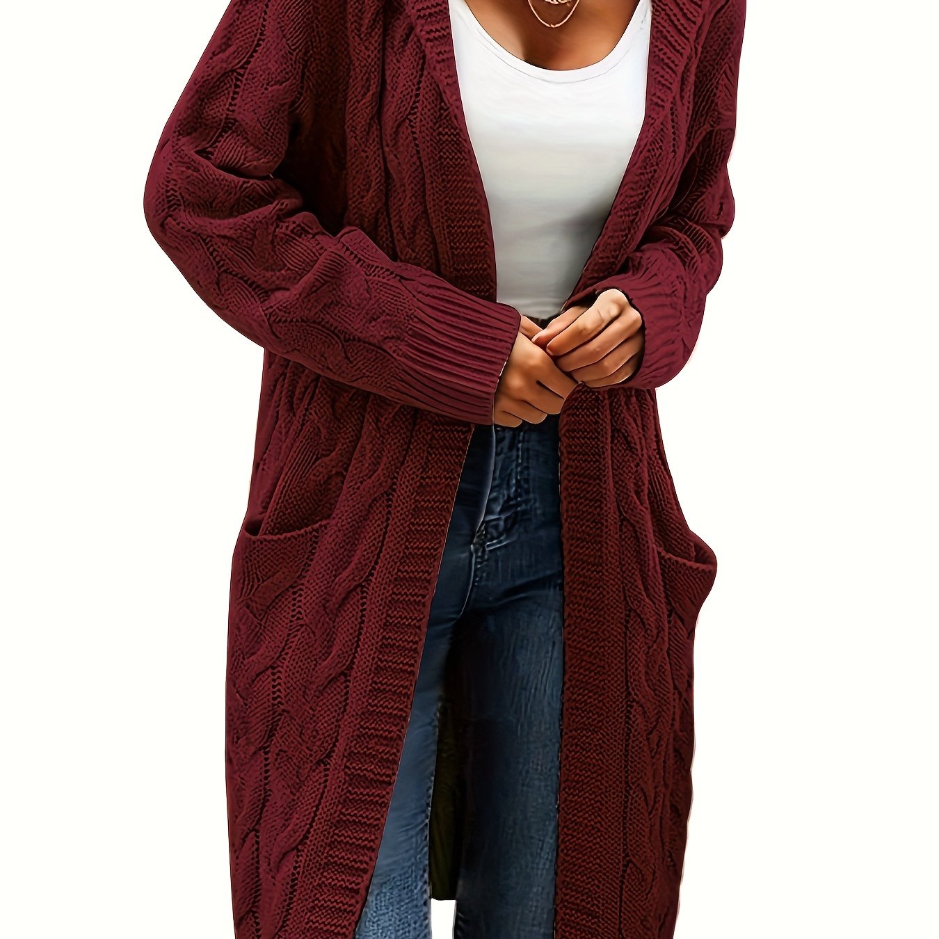 Chic Solid Cable Knit Hooded Cardigan - Cozy Long Sleeve with Practical Pockets, Mid-Length Womens Sweater for Casual Style