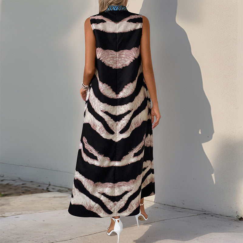 Stand Collar Sleeveless Zebra Print Dress