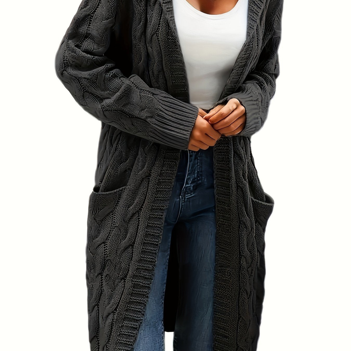 Chic Solid Cable Knit Hooded Cardigan - Cozy Long Sleeve with Practical Pockets, Mid-Length Womens Sweater for Casual Style