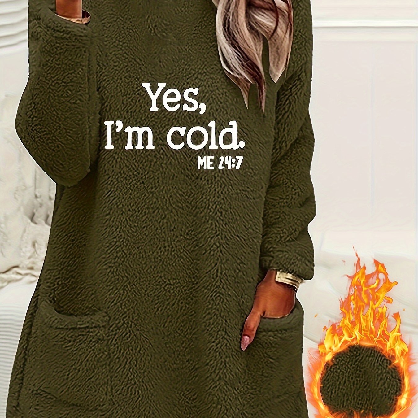 Yes I'm Cold Print Fleece Pullover Sweatshirt, Casual Long Sleeve Crew Neck Sweatshirt With Pockets For Fall & Winter, Women's Clothing