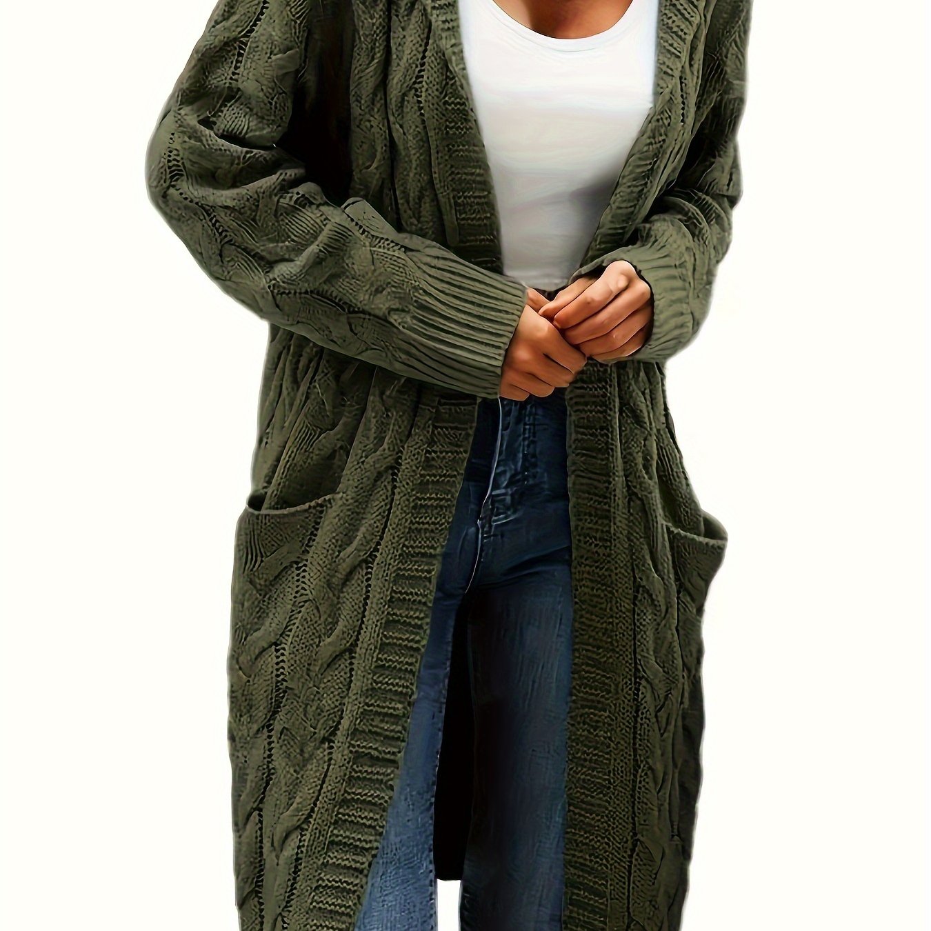 Chic Solid Cable Knit Hooded Cardigan - Cozy Long Sleeve with Practical Pockets, Mid-Length Womens Sweater for Casual Style