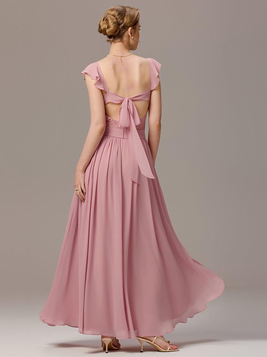 ever BELISSE|Pleated Back-Tie Ruffle Sleeves Maxi Bridesmaid Dress with Lace Details