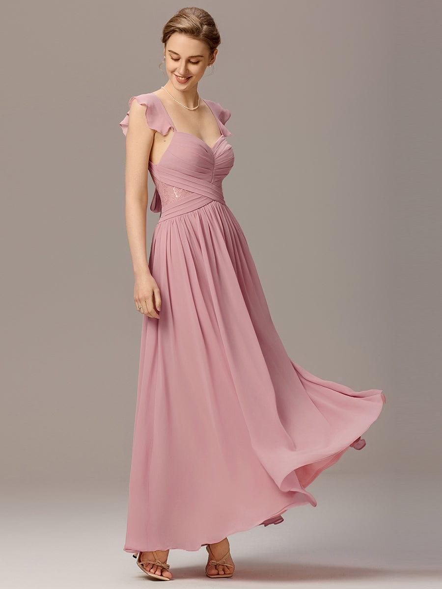 ever BELISSE|Pleated Back-Tie Ruffle Sleeves Maxi Bridesmaid Dress with Lace Details