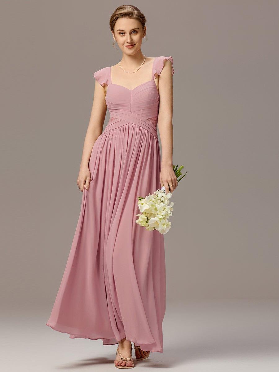 ever BELISSE|Pleated Back-Tie Ruffle Sleeves Maxi Bridesmaid Dress with Lace Details