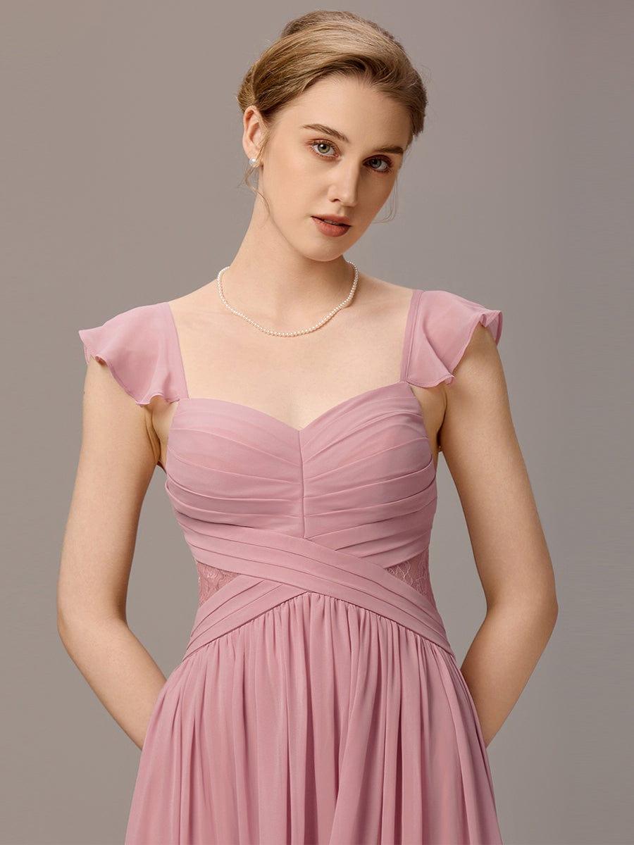 ever BELISSE|Pleated Back-Tie Ruffle Sleeves Maxi Bridesmaid Dress with Lace Details