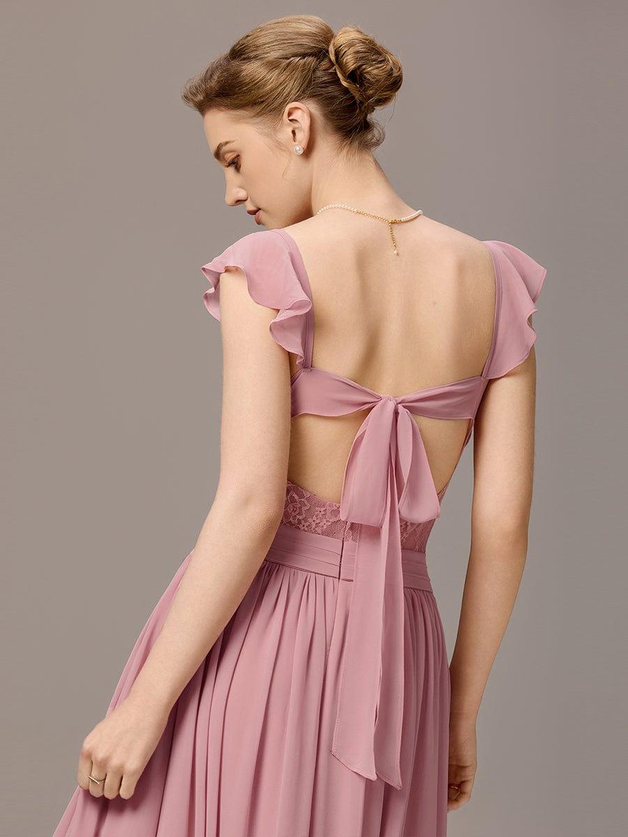 ever BELISSE|Pleated Back-Tie Ruffle Sleeves Maxi Bridesmaid Dress with Lace Details