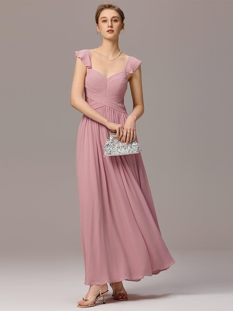 ever BELISSE|Pleated Back-Tie Ruffle Sleeves Maxi Bridesmaid Dress with Lace Details