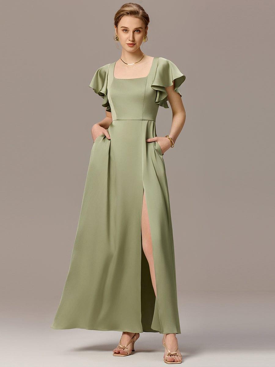 ever BELISSE|Designer Satin Square Neck Short Sleeve Ruffled Maxi Bridesmaid Dress With Pockets