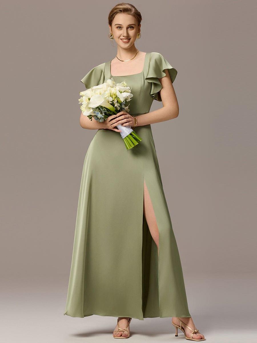 ever BELISSE|Designer Satin Square Neck Short Sleeve Ruffled Maxi Bridesmaid Dress With Pockets