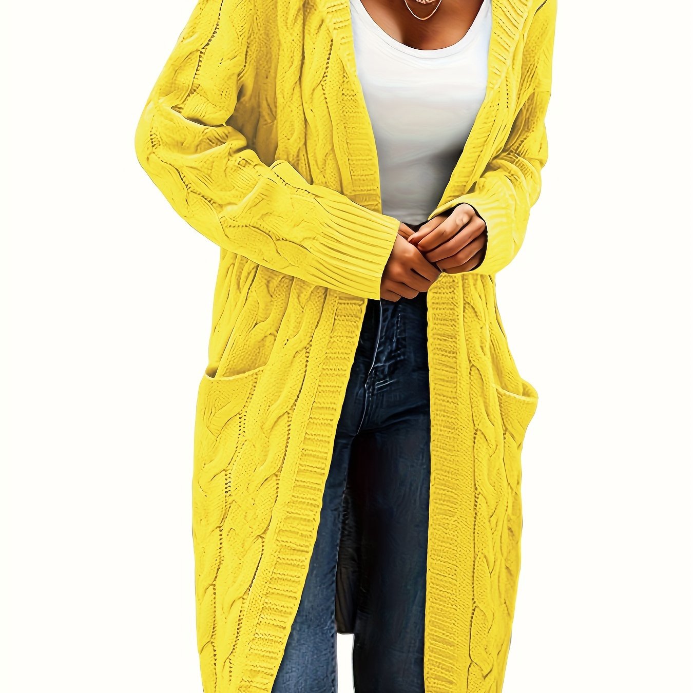 Chic Solid Cable Knit Hooded Cardigan - Cozy Long Sleeve with Practical Pockets, Mid-Length Womens Sweater for Casual Style