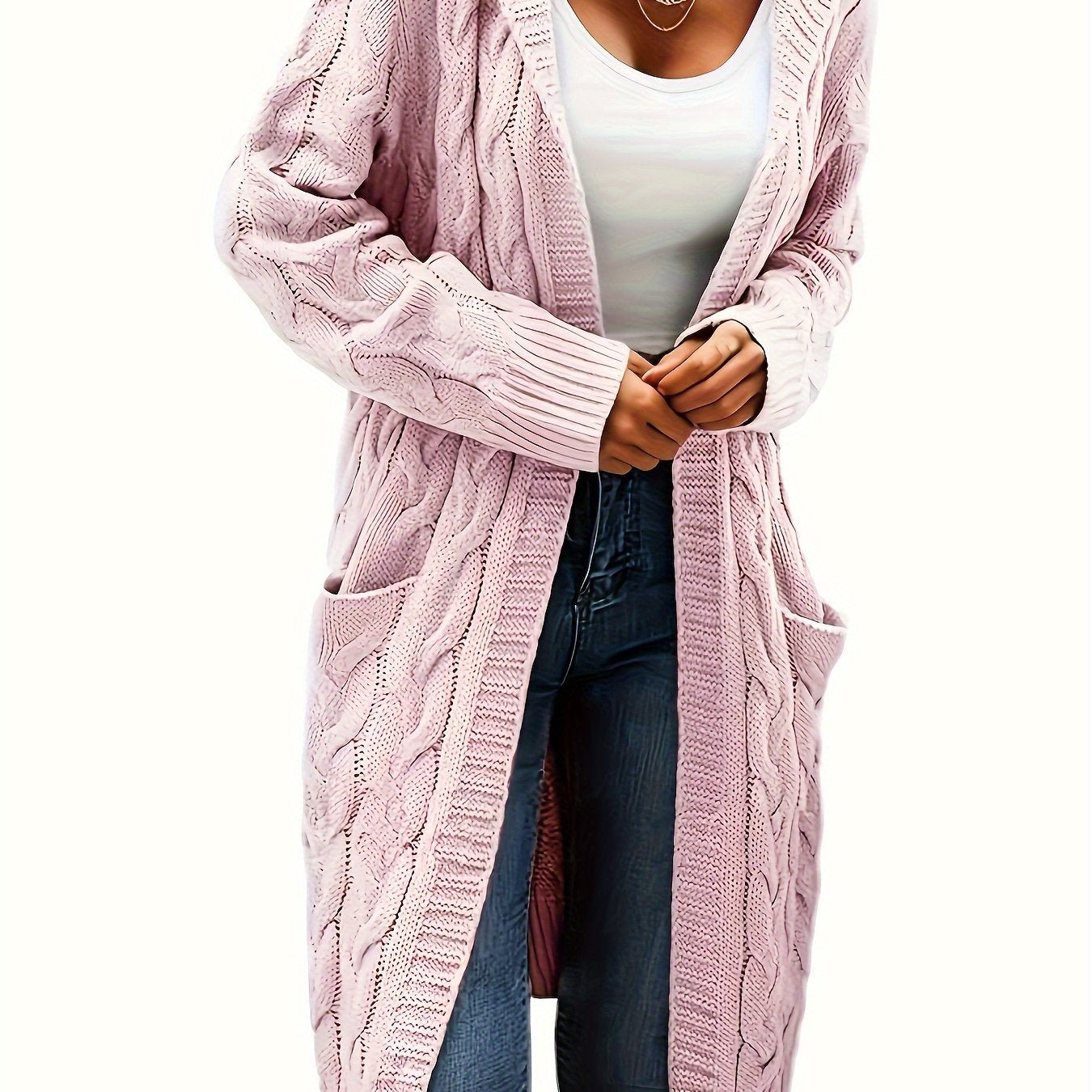Chic Solid Cable Knit Hooded Cardigan - Cozy Long Sleeve with Practical Pockets, Mid-Length Womens Sweater for Casual Style